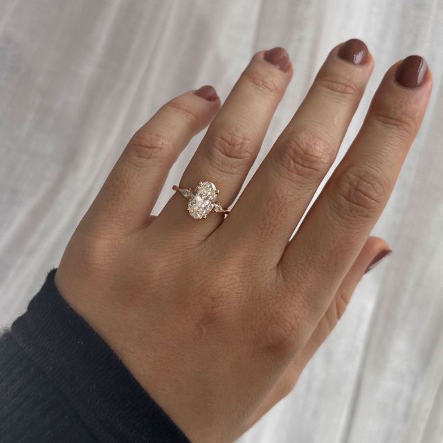 2.43 Carat Lab Grown Oval Diamond Trilogy Engagement Ring in Yellow Gold - Anam Cara