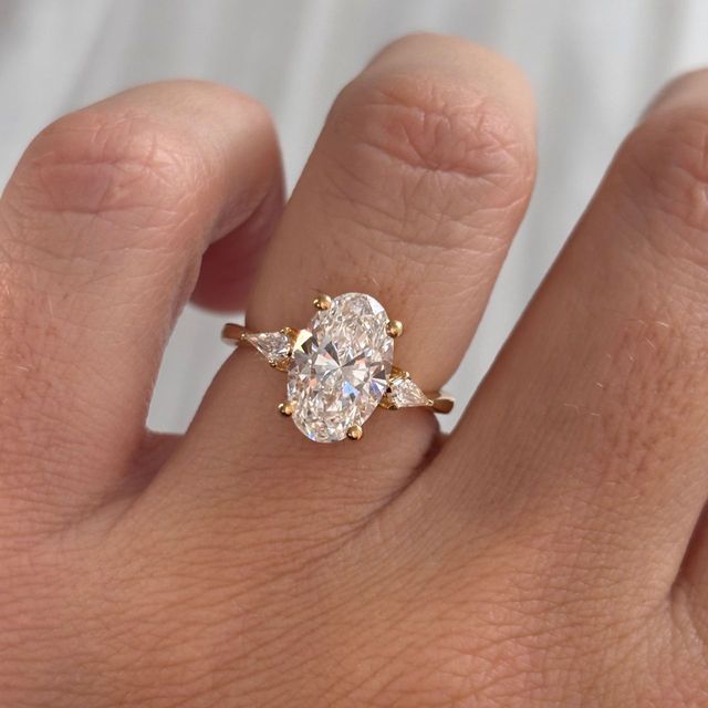 2.43 Carat Lab Grown Oval Diamond Trilogy Engagement Ring in Yellow Gold - Anam Cara