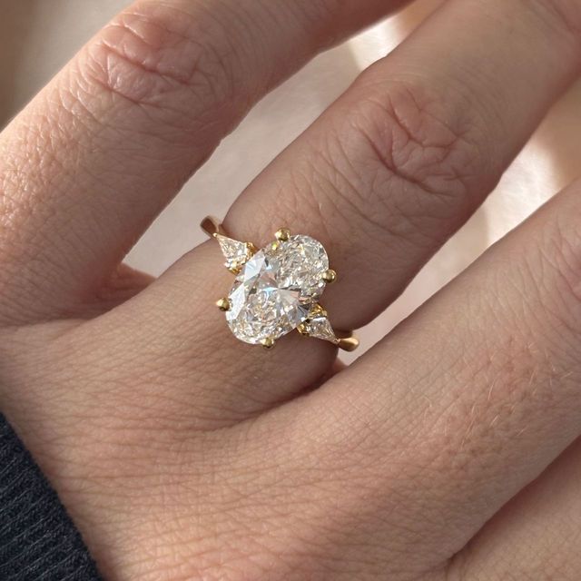 2.43 Carat Lab Grown Oval Diamond Trilogy Engagement Ring in Yellow Gold - Anam Cara