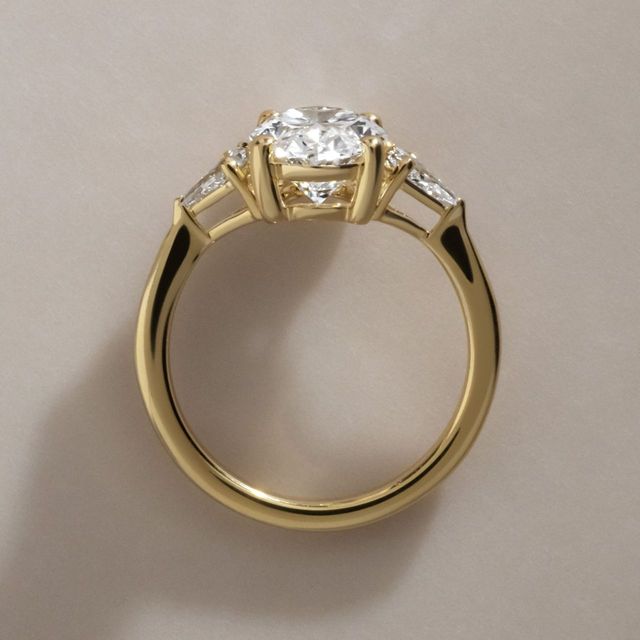 2.43 Carat Lab Grown Oval Diamond Trilogy Engagement Ring in Yellow Gold - Anam Cara
