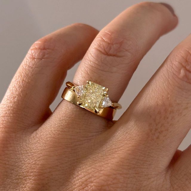 2.40 Carat Natural Radiant Cut Yellow Diamond Trilogy Engagement Ring in Yellow Gold - Manilla