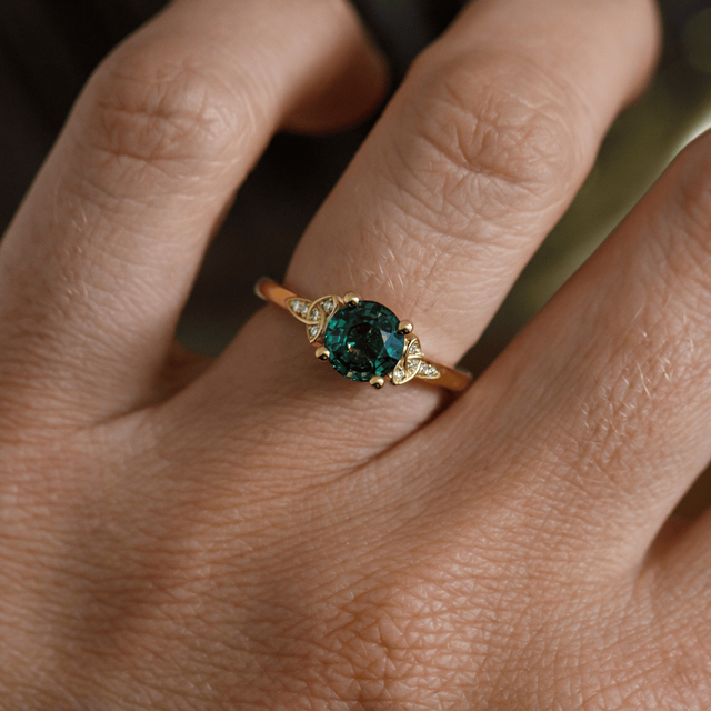 1.50 Carat Lab Grown Round Teal Sapphire Engagement Ring in Yellow Gold - Celtic Song