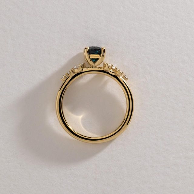 1.05 Carat Natural Round Teal Sapphire Cluster Engagement Ring in Yellow Gold - Morning Star