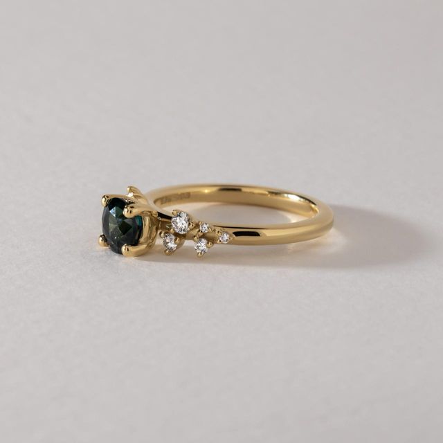 1.05 Carat Natural Round Teal Sapphire Cluster Engagement Ring in Yellow Gold - Morning Star