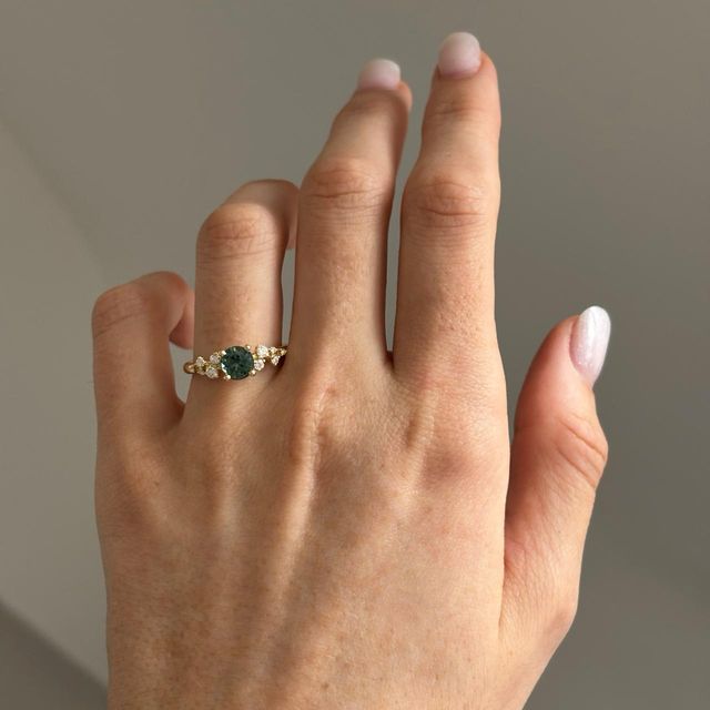 1.23 Carat Natural Round Teal Sapphire Cluster Engagement Ring in Yellow Gold - Morning Star