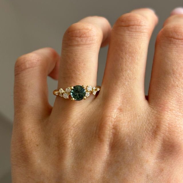 1.23 Carat Natural Round Teal Sapphire Cluster Engagement Ring in Yellow Gold - Morning Star