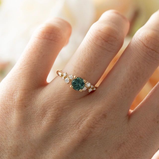 1.23 Carat Natural Round Teal Sapphire Cluster Engagement Ring in Yellow Gold - Morning Star