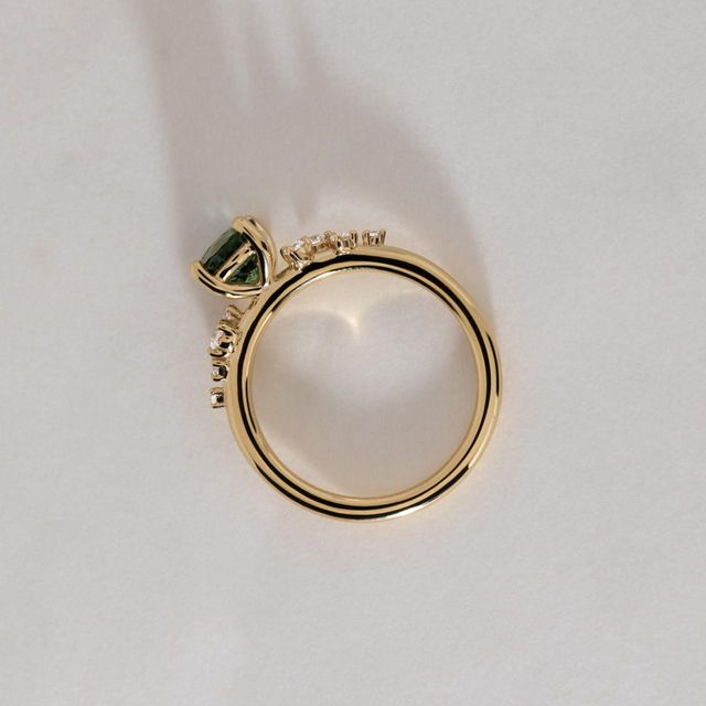 1.23 Carat Natural Round Teal Sapphire Cluster Engagement Ring in Yellow Gold - Morning Star