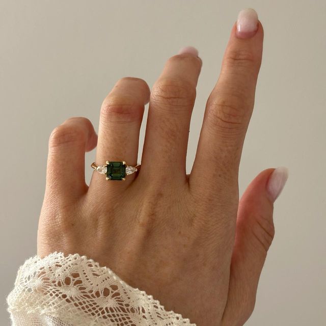 2.56 Carat Natural Square Emerald Teal Sapphire Trilogy Engagement Ring In Yellow Gold - Amaya