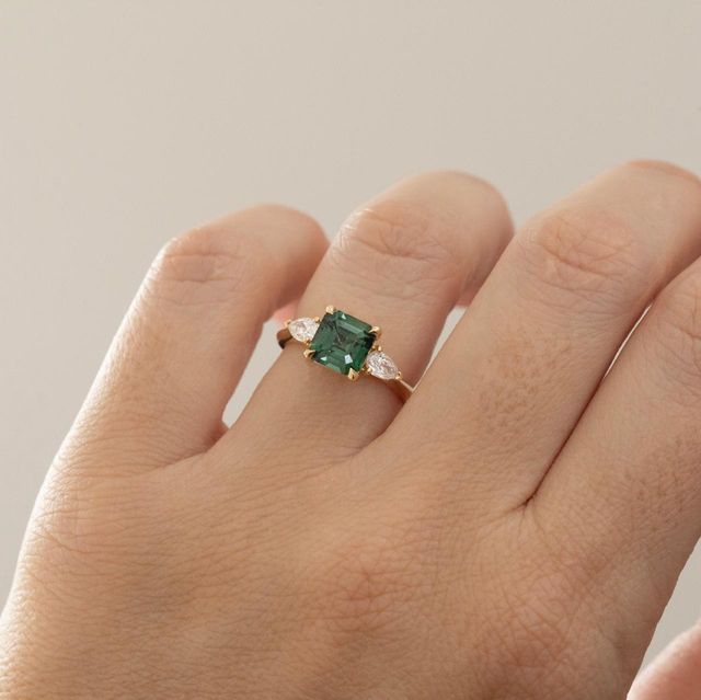 2.56 Carat Natural Square Emerald Teal Sapphire Trilogy Engagement Ring In Yellow Gold - Amaya