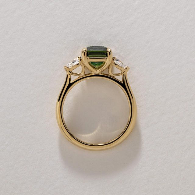 2.56 Carat Natural Square Emerald Teal Sapphire Trilogy Engagement Ring In Yellow Gold - Amaya