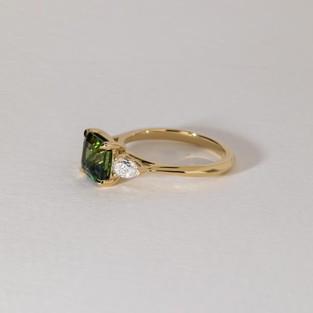 2.56 Carat Natural Square Emerald Teal Sapphire Trilogy Engagement Ring In Yellow Gold - Amaya