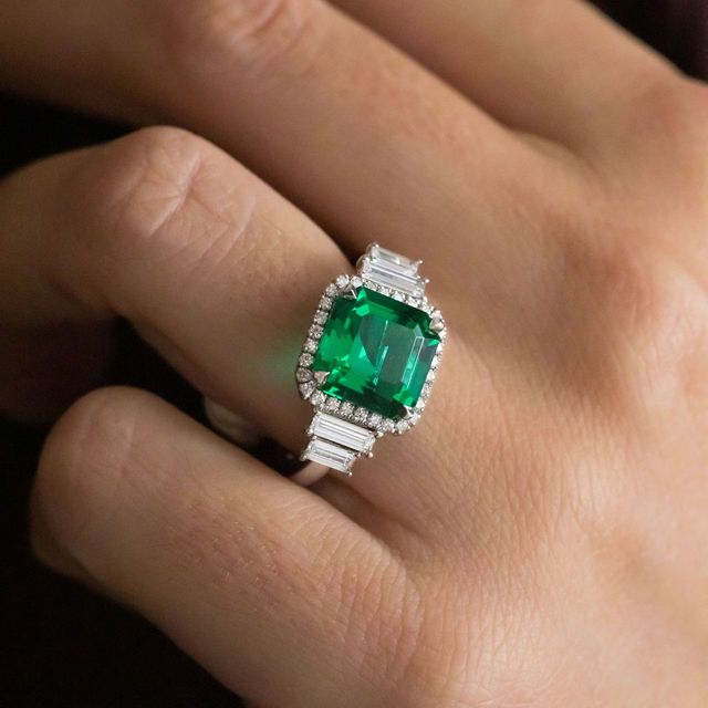 4.41 Carat Lab Grown Asscher-Cut Green Emerald Halo Engagement Ring in Platinum - Bespoke