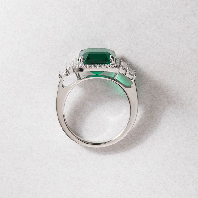 4.41 Carat Lab Grown Asscher-Cut Green Emerald Halo Engagement Ring in Platinum - Bespoke
