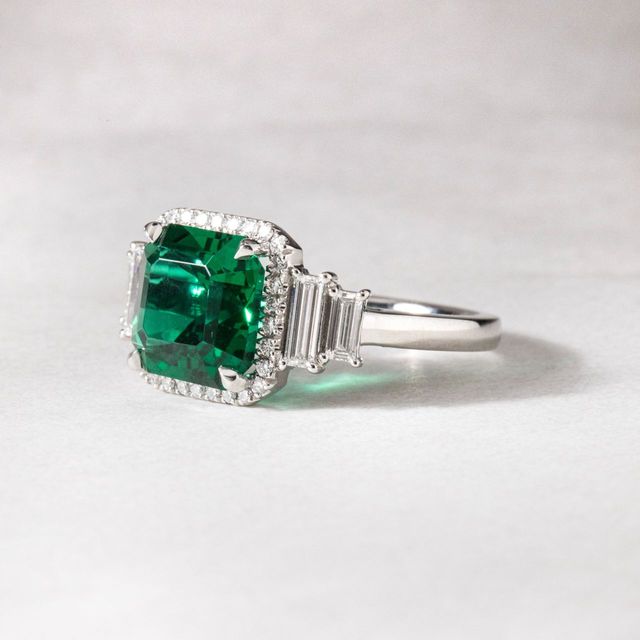 4.41 Carat Lab Grown Asscher-Cut Green Emerald Halo Engagement Ring in Platinum - Bespoke