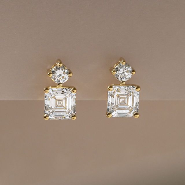 2.02 Carat Lab Grown Asscher Cut Diamond Drop Earrings in Yellow Gold