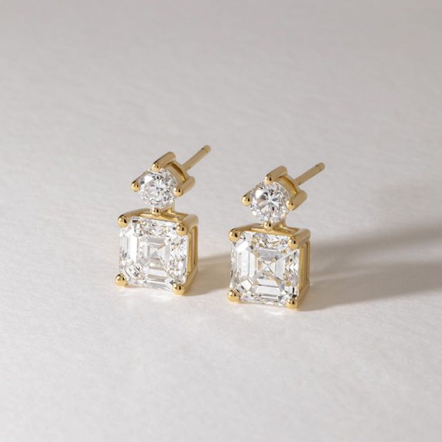 2.02 Carat Lab Grown Asscher Cut Diamond Drop Earrings in Yellow Gold