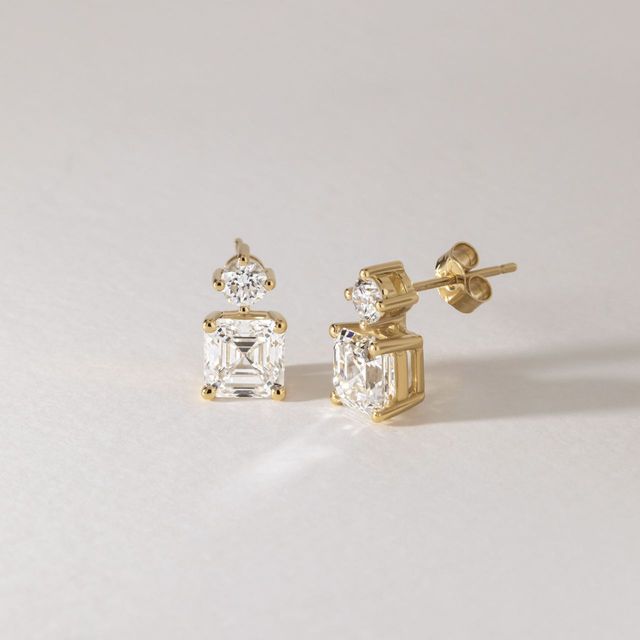 2.02 Carat Lab Grown Asscher Cut Diamond Drop Earrings in Yellow Gold