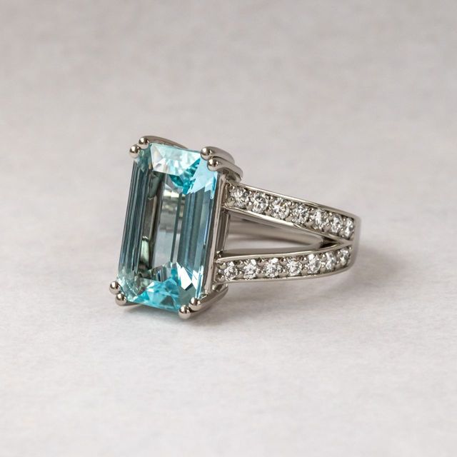 4.29 Carat Emerald Cut Aquamarine Split Shank Diamond Band Ring in Platinum - Naveya
