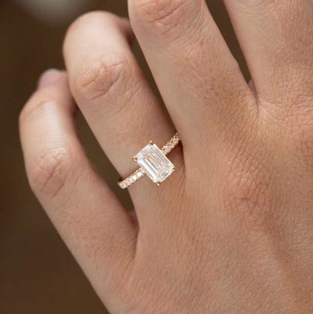 2.10 Carat Lab Grown Emerald Cut Diamond Band Engagement Ring in Yellow Gold - Anika
