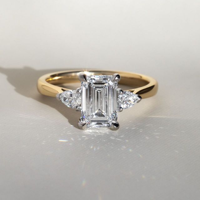 2 Carat Lab Grown Emerald Cut Diamond Trilogy Engagement Ring in Two Tone - Amaya