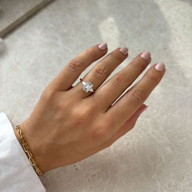 2 Carat Lab Grown Emerald Cut Diamond Trilogy Engagement Ring in Two Tone - Amaya