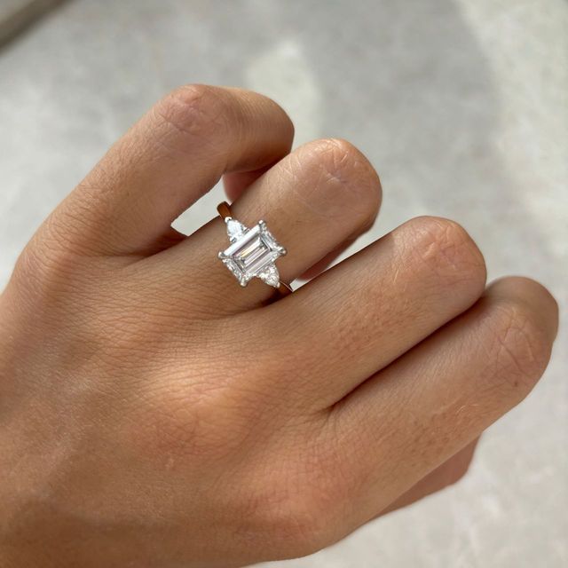 2 Carat Lab Grown Emerald Cut Diamond Trilogy Engagement Ring in Two Tone - Amaya