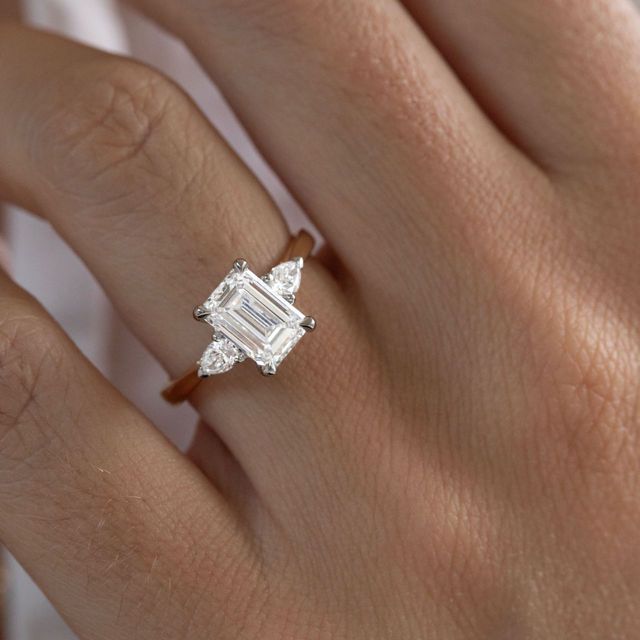 2 Carat Lab Grown Emerald Cut Diamond Trilogy Engagement Ring in Two Tone - Amaya