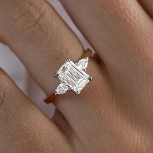2 Carat Lab Grown Emerald Cut Diamond Trilogy Engagement Ring in Two Tone - Amaya