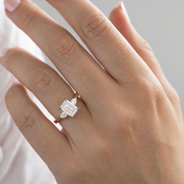 2 Carat Lab Grown Emerald Cut Diamond Trilogy Engagement Ring in Two Tone - Amaya