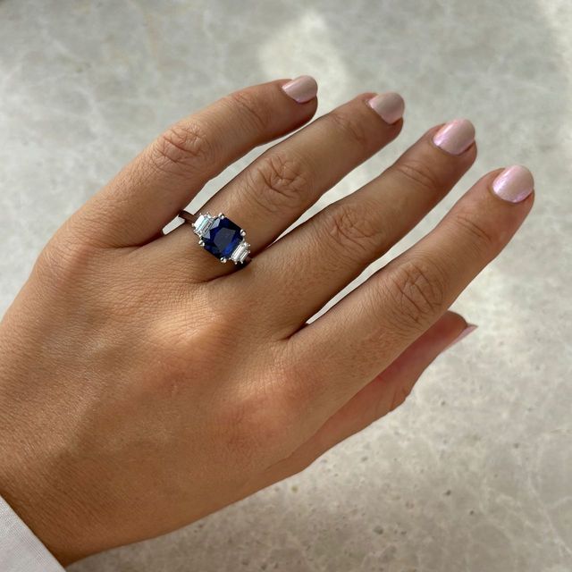 3.07 Carat Emerald Cut Blue Sapphire Five Stone Engagement Ring in Platinum - Sara