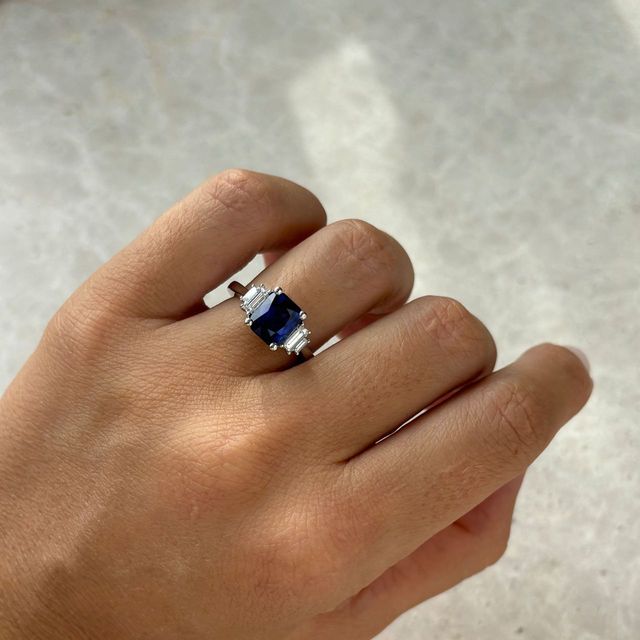 3.07 Carat Emerald Cut Blue Sapphire Five Stone Engagement Ring in Platinum - Sara