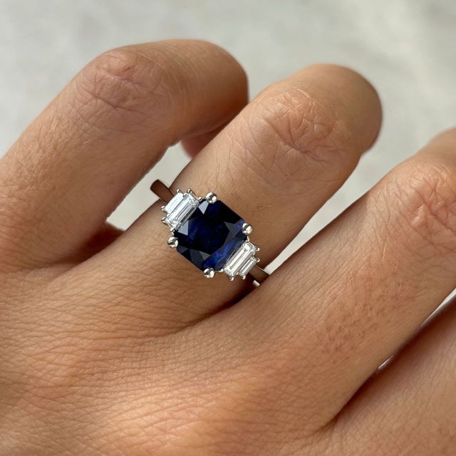 3.07 Carat Emerald Cut Blue Sapphire Five Stone Engagement Ring in Platinum - Sara
