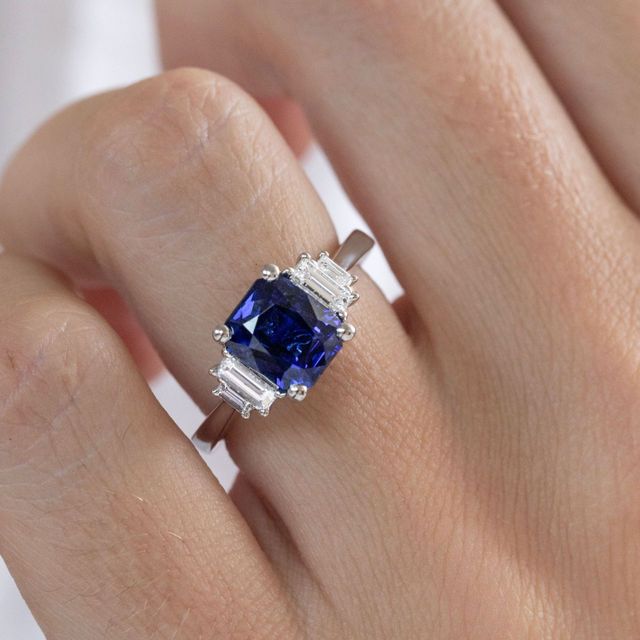 3.07 Carat Emerald Cut Blue Sapphire Five Stone Engagement Ring in Platinum - Sara