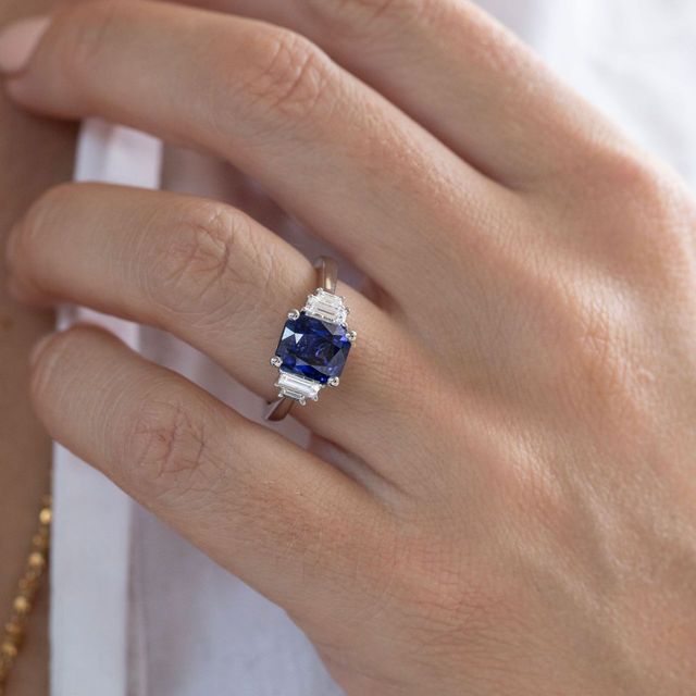 3.07 Carat Emerald Cut Blue Sapphire Five Stone Engagement Ring in Platinum - Sara