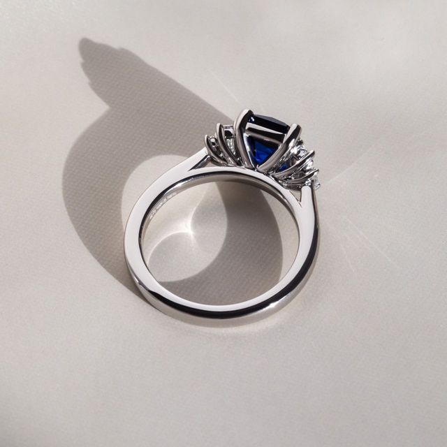 3.07 Carat Emerald Cut Blue Sapphire Five Stone Engagement Ring in Platinum - Sara