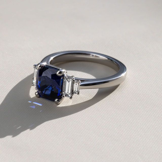 3.07 Carat Emerald Cut Blue Sapphire Five Stone Engagement Ring in Platinum - Sara