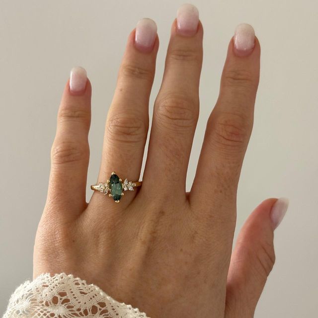 1.67 Carat Natural Marquise Teal Sapphire Cluster Engagement Ring in Yellow Gold - Sphinx