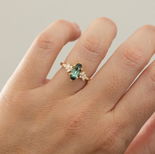 1.67 Carat Natural Marquise Teal Sapphire Cluster Engagement Ring in Yellow Gold - Sphinx