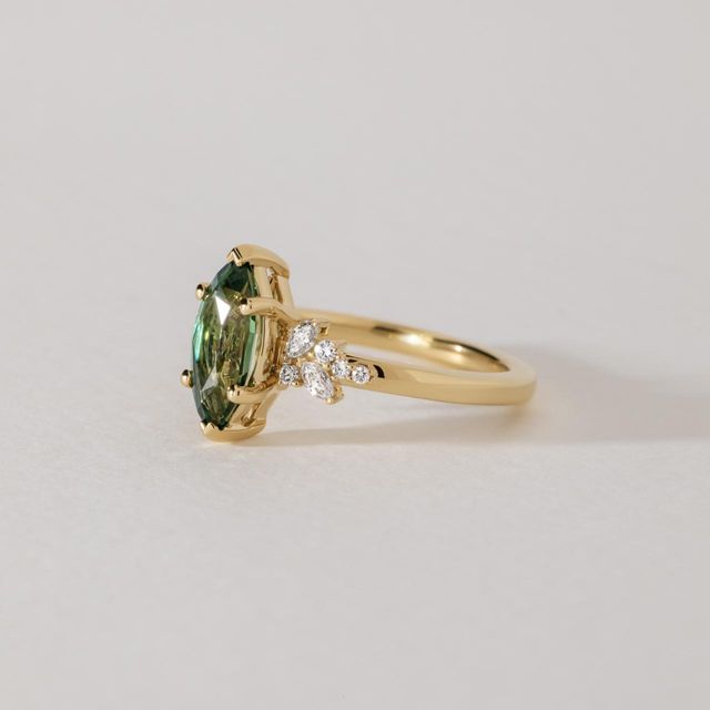 1.67 Carat Natural Marquise Teal Sapphire Cluster Engagement Ring in Yellow Gold - Sphinx