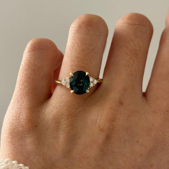 4.06 Carat Natural Oval Teal Sapphire Cluster Engagement Ring in Yellow Gold - Isabella