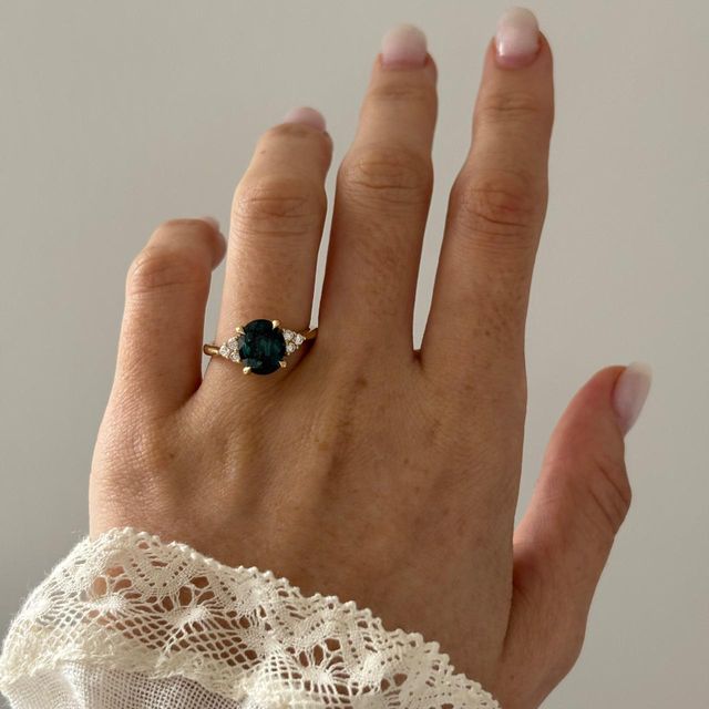 4.06 Carat Natural Oval Teal Sapphire Cluster Engagement Ring in Yellow Gold - Isabella