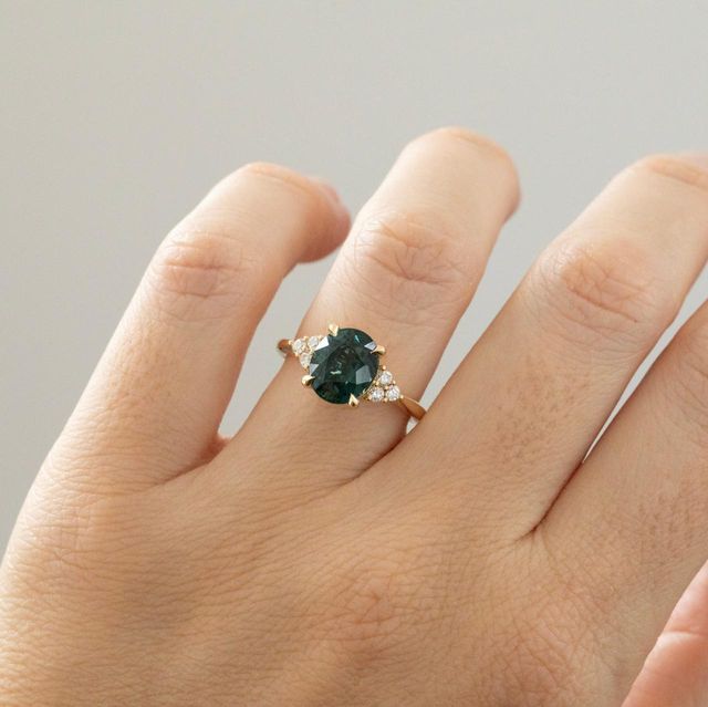 4.06 Carat Natural Oval Teal Sapphire Cluster Engagement Ring in Yellow Gold - Isabella