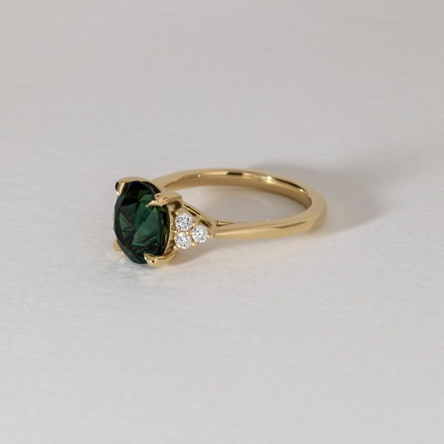 4.06 Carat Natural Oval Teal Sapphire Cluster Engagement Ring in Yellow Gold - Isabella