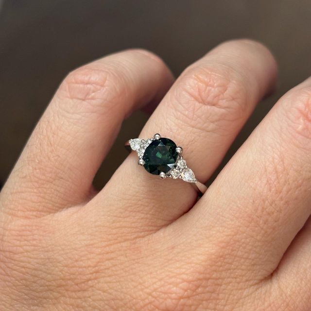 2.06 Carat Oval Teal Sapphire Cluster Engagement Ring in Platinum - Nanami