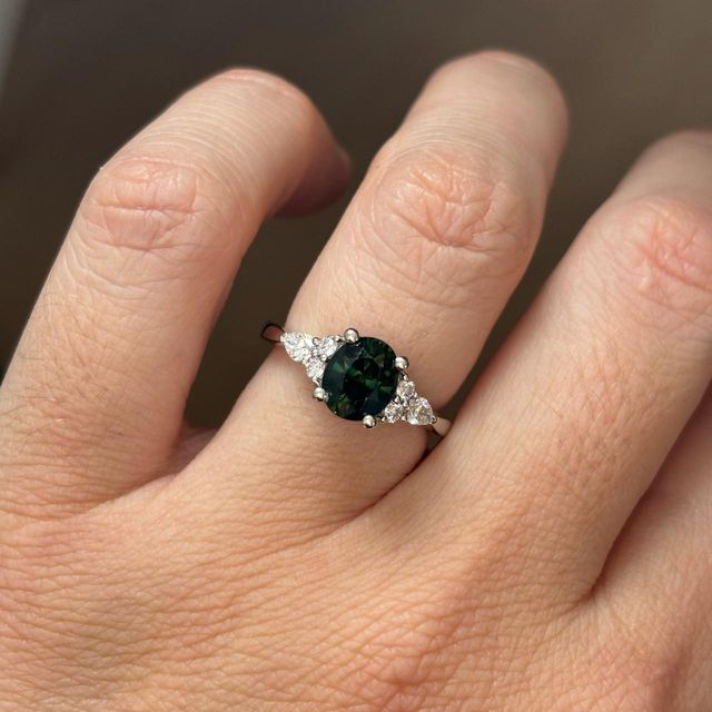 2.06 Carat Oval Teal Sapphire Cluster Engagement Ring in Platinum - Nanami