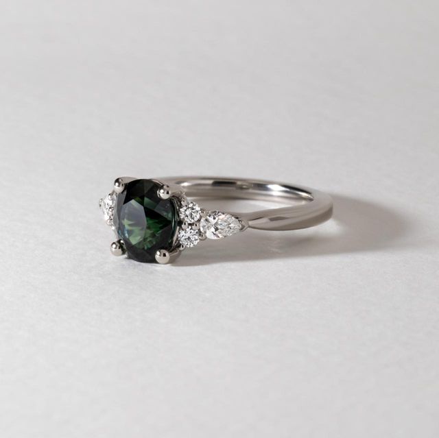 2.06 Carat Oval Teal Sapphire Cluster Engagement Ring in Platinum - Nanami