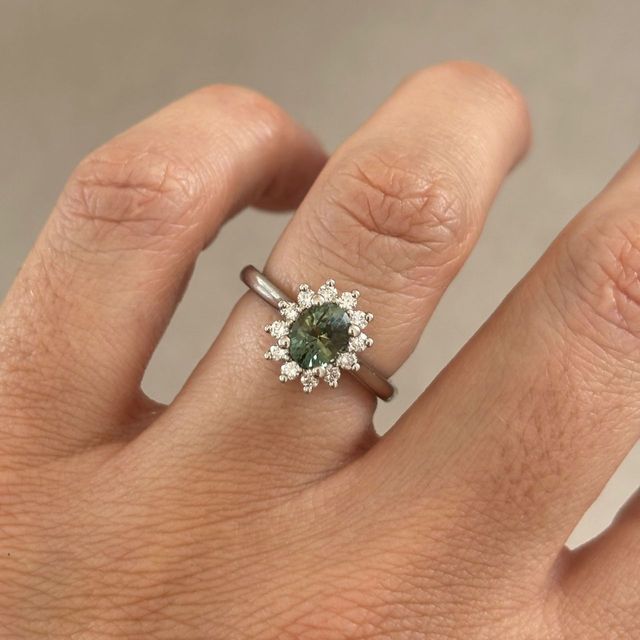 1.13 Carat Oval Teal Sapphire Cluster Engagement Ring in Platinum - Windermere