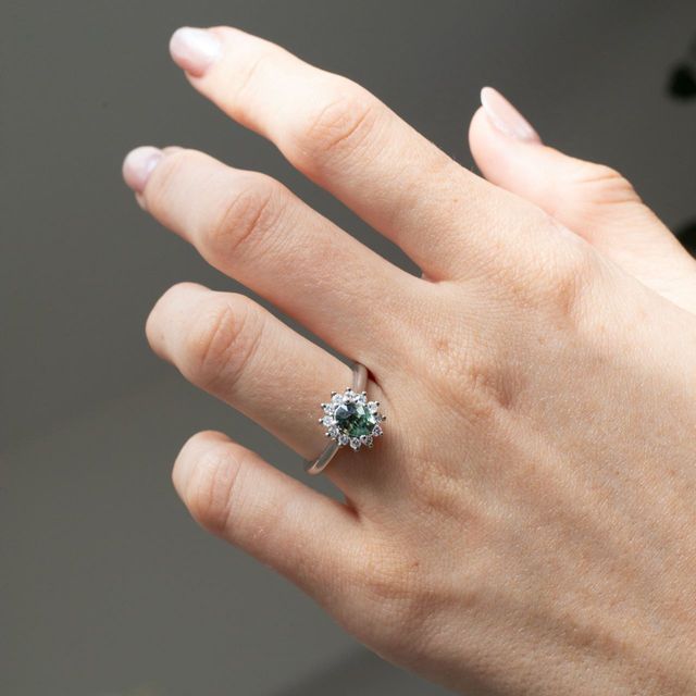 1.13 Carat Oval Teal Sapphire Cluster Engagement Ring in Platinum - Windermere