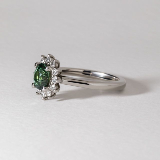 1.13 Carat Oval Teal Sapphire Cluster Engagement Ring in Platinum - Windermere